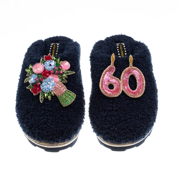 Laines London Teddy Closed Toe Slippers With 60th Birthday & Flowers Brooches