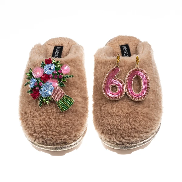 Laines London Teddy Closed Toe Slippers With 60th Birthday & Flowers Brooches