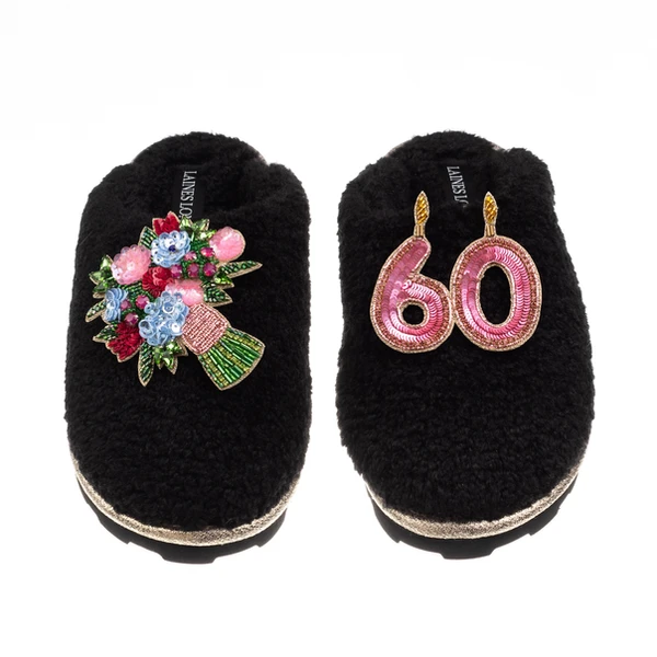 laines london Teddy Closed Toe Slippers With 60th Birthday & Flowers Brooches