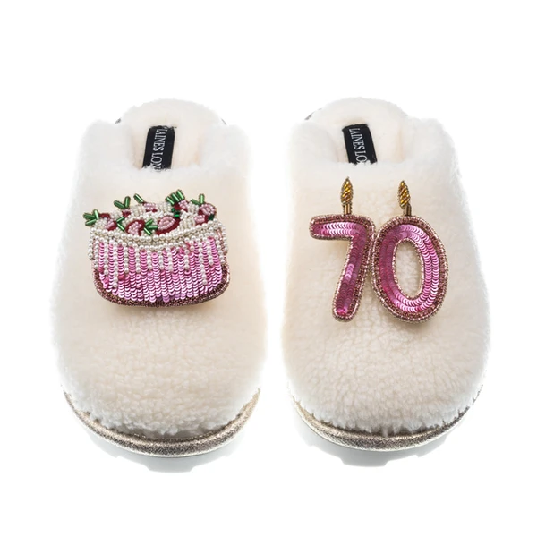Laines London Teddy Closed Toe Slippers With 70th Birthday & Cake Brooches
