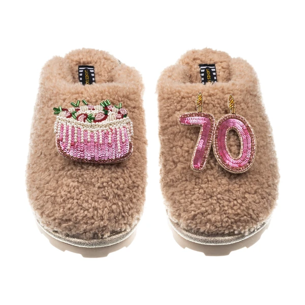 Laines London Teddy Closed Toe Slippers With 70th Birthday & Cake Brooches