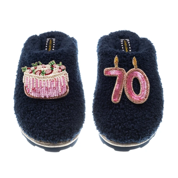 Laines London Teddy Closed Toe Slippers With 70th Birthday & Cake Brooches