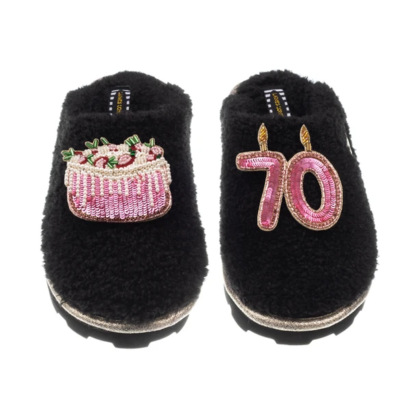 laines london Teddy Closed Toe Slippers With 70th Birthday & Cake Brooches