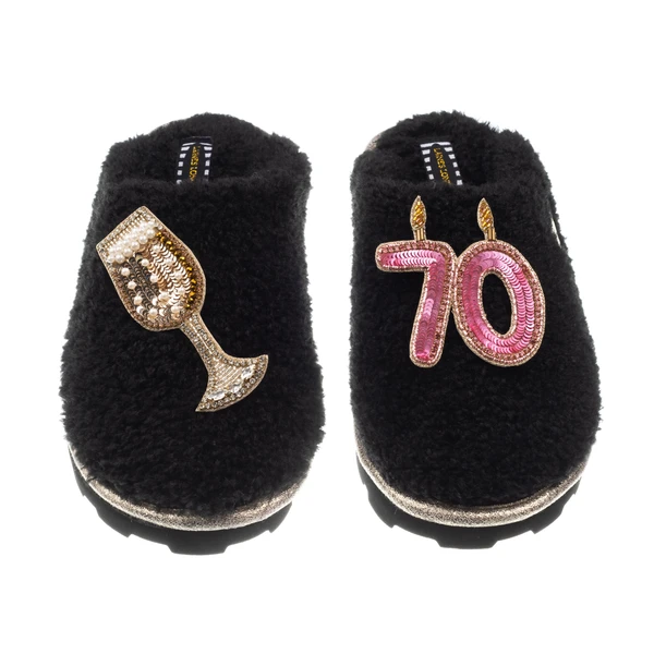 Laines London Teddy Closed Toe Slippers With 70th Birthday & Champagne Glass Brooches
