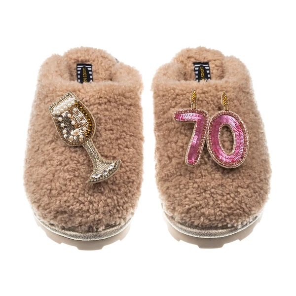 Laines London Teddy Closed Toe Slippers With 70th Birthday & Champagne Glass Brooches
