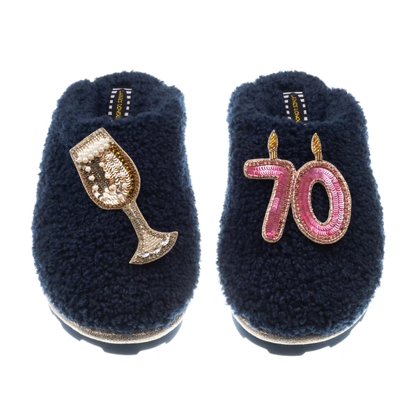Laines London Teddy Closed Toe Slippers With 70th Birthday & Champagne Glass Brooches