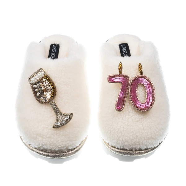 laines london Teddy Closed Toe Slippers With 70th Birthday & Champagne Glass Brooches
