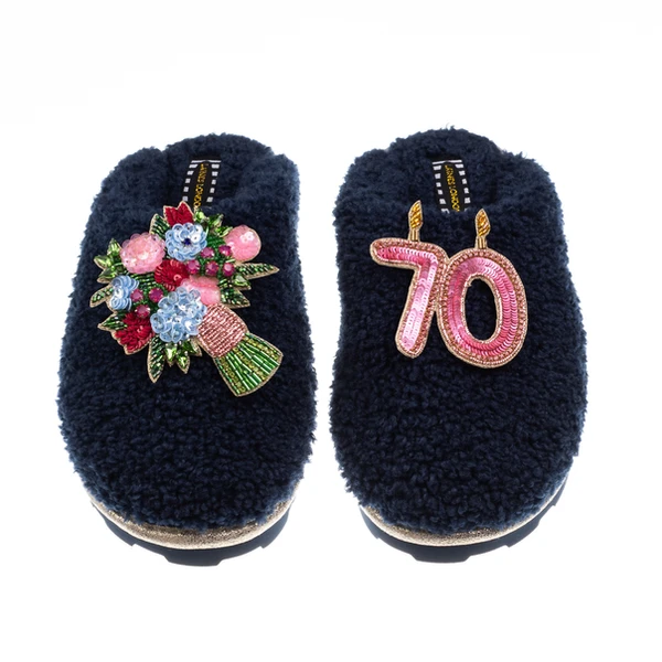 Laines London Teddy Closed Toe Slippers With 70th Birthday & Flowers Brooches