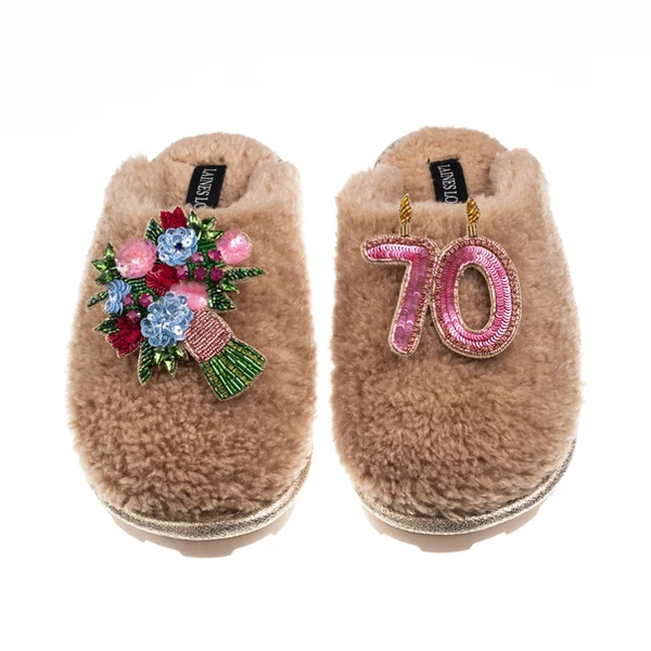 Laines London Teddy Closed Toe Slippers With 70th Birthday & Flowers Brooches