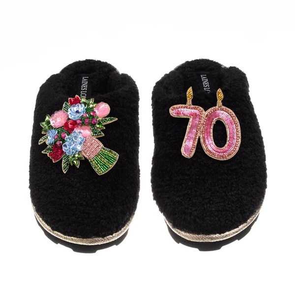 Laines London Teddy Closed Toe Slippers With 70th Birthday & Flowers Brooches