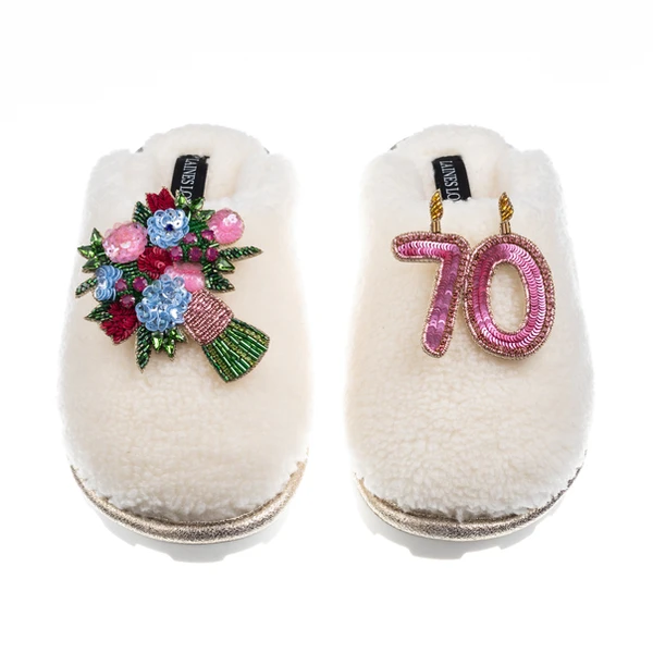 laines london Teddy Closed Toe Slippers With 70th Birthday & Flowers Brooches