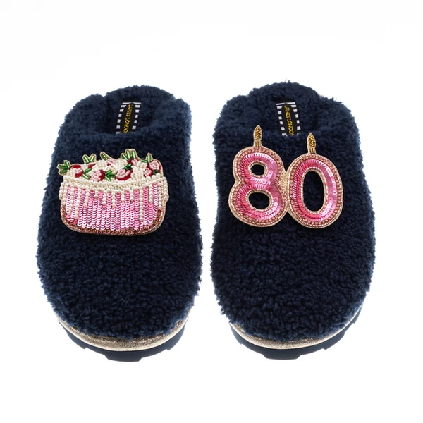 Laines London Teddy Closed Toe Slippers With 80th Birthday & Cake Brooches