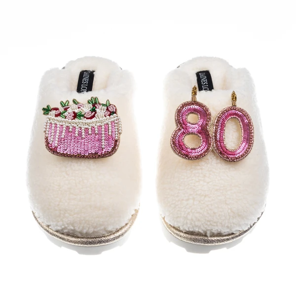 Laines London Teddy Closed Toe Slippers With 80th Birthday & Cake Brooches