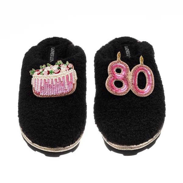 Laines London Teddy Closed Toe Slippers With 80th Birthday & Cake Brooches