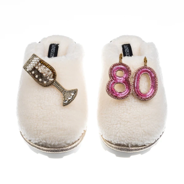 Laines London Teddy Closed Toe Slippers With 80th Birthday & Champagne Glass Brooches