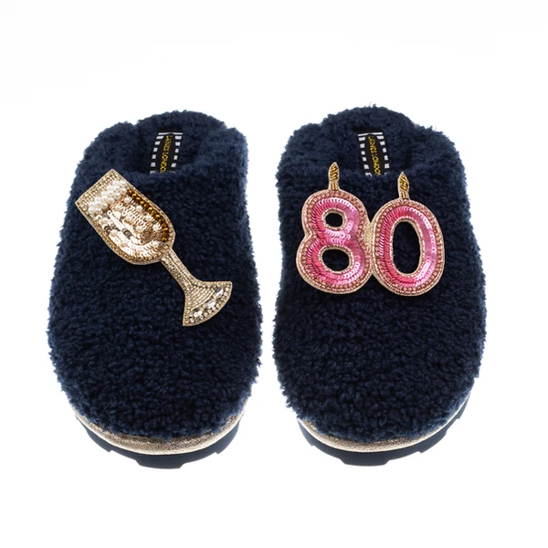 Laines London Teddy Closed Toe Slippers With 80th Birthday & Champagne Glass Brooches