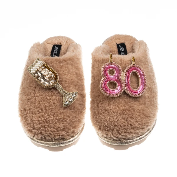 Laines London Teddy Closed Toe Slippers With 80th Birthday & Champagne Glass Brooches
