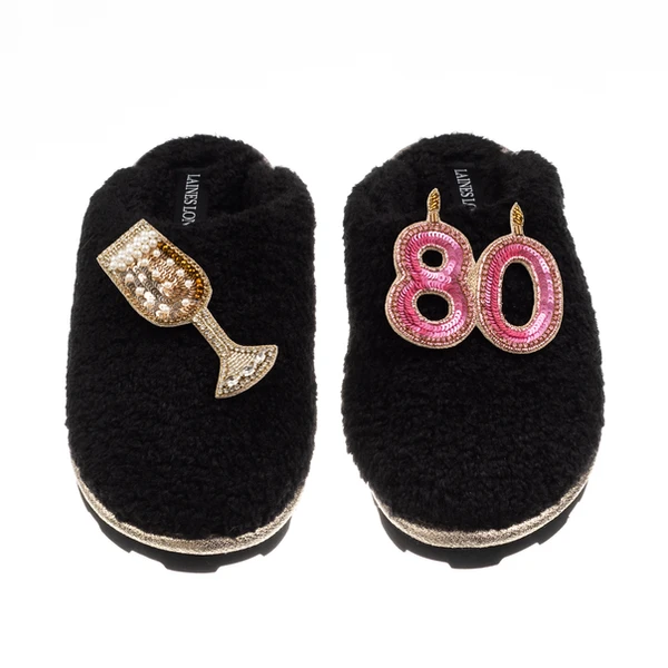 laines london Teddy Closed Toe Slippers With 80th Birthday & Champagne Glass Brooches