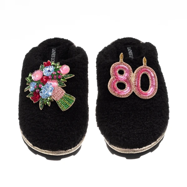 Laines London Teddy Closed Toe Slippers With 80th Birthday & Flowers Brooches