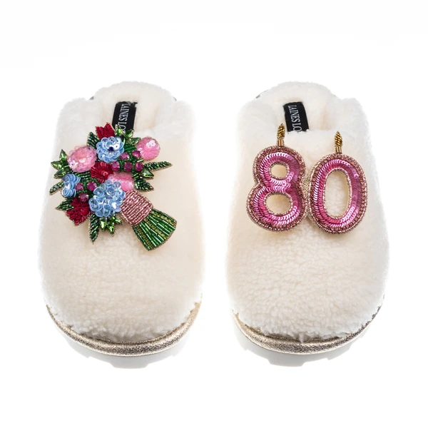 Laines London Teddy Closed Toe Slippers With 80th Birthday & Flowers Brooches