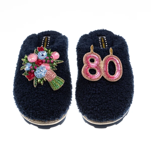 laines london Teddy Closed Toe Slippers With 80th Birthday & Flowers Brooches
