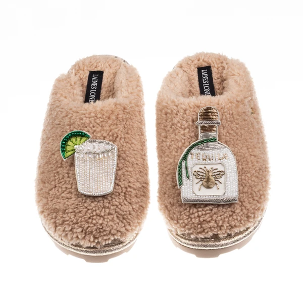 Laines London Teddy Closed Toe Slippers With Agave Tequila Brooches
