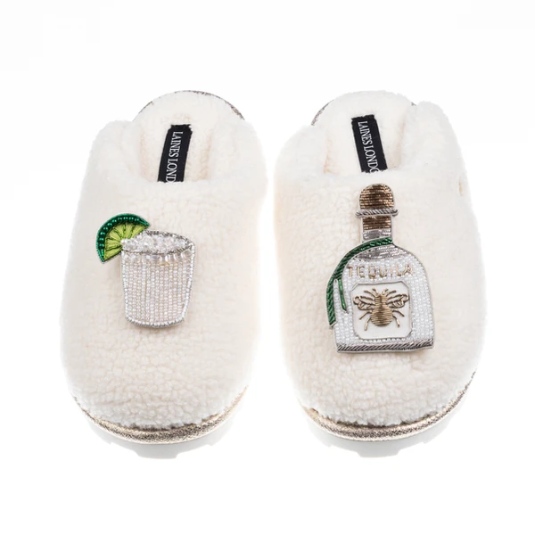 Laines London Teddy Closed Toe Slippers With Agave Tequila Brooches