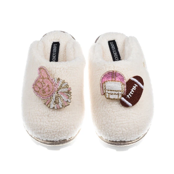 Laines London Teddy Closed Toe Slippers With American Football Brooches