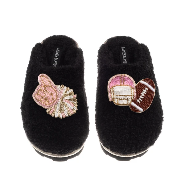 Laines London Teddy Closed Toe Slippers With American Football Brooches