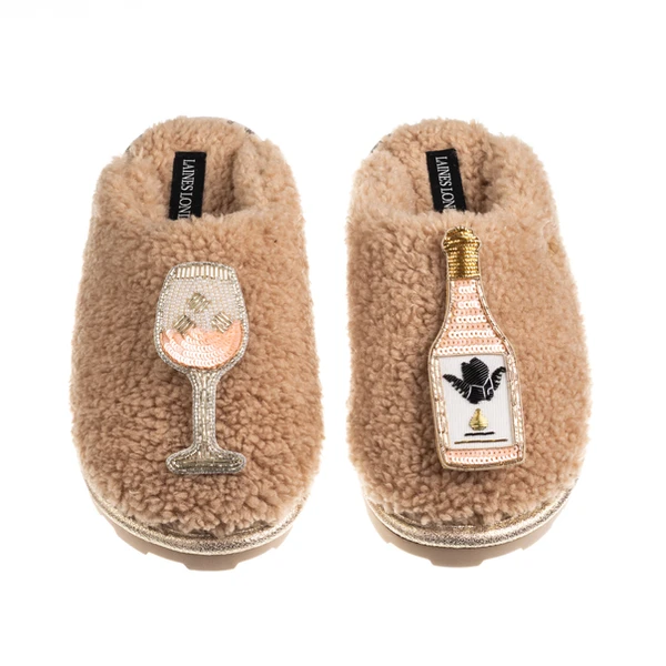 Laines London Teddy Closed Toe Slippers With Angelic Rose Wine Brooches