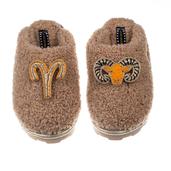 Laines London Teddy Closed Toe Slippers With Aries Star Sign Brooches