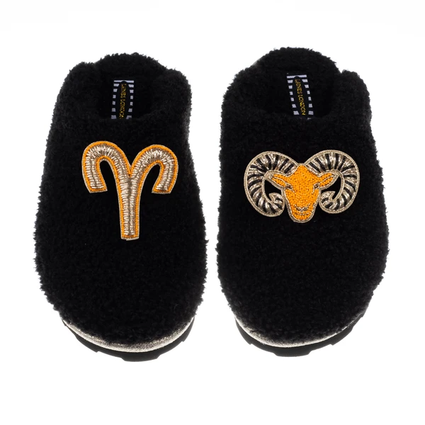 Laines London Teddy Closed Toe Slippers With Aries Star Sign Brooches