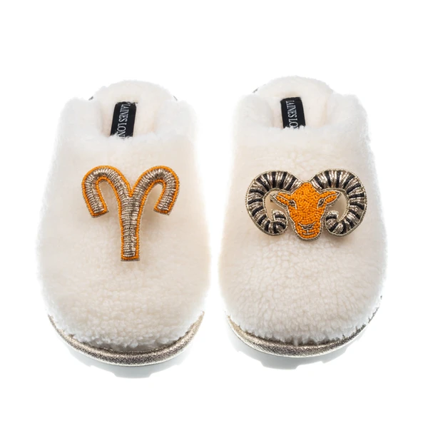 Laines London Teddy Closed Toe Slippers With Aries Star Sign Brooches
