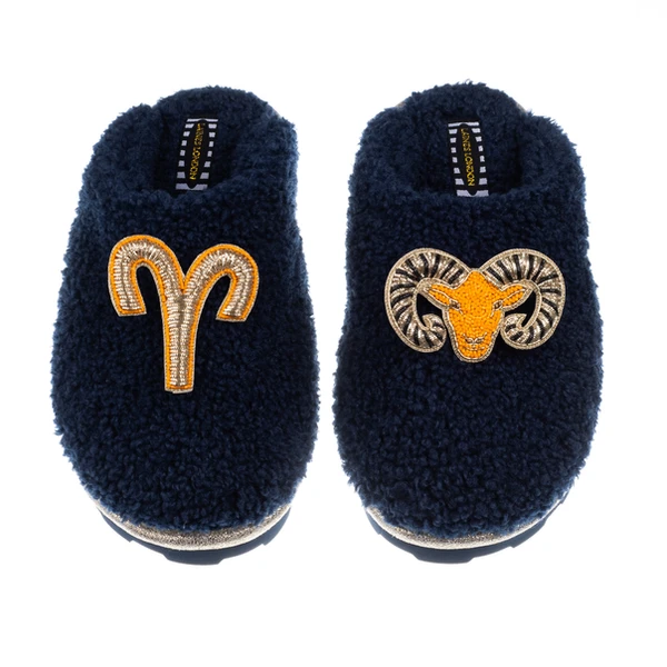 laines london Teddy Closed Toe Slippers With Aries Star Sign Brooches