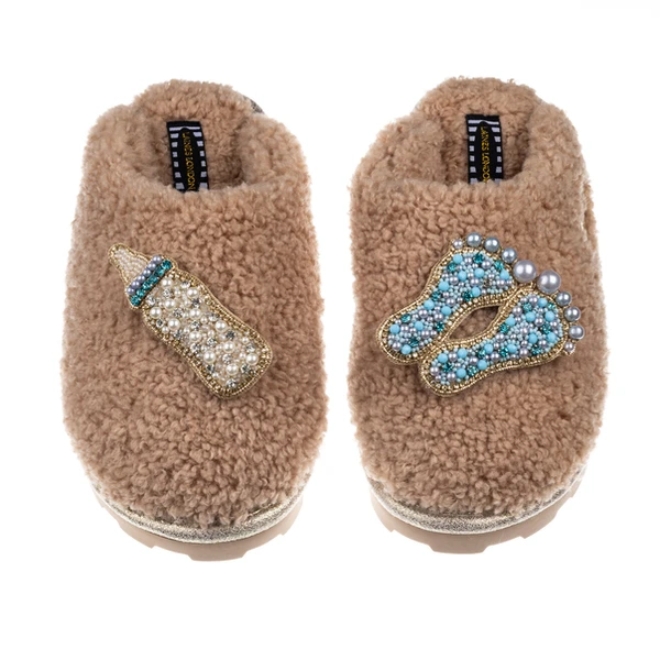Laines London Teddy Closed Toe Slippers With Baby Boy Brooches