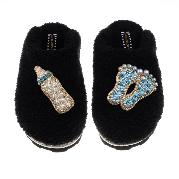 Laines London Teddy Closed Toe Slippers With Baby Boy Brooches