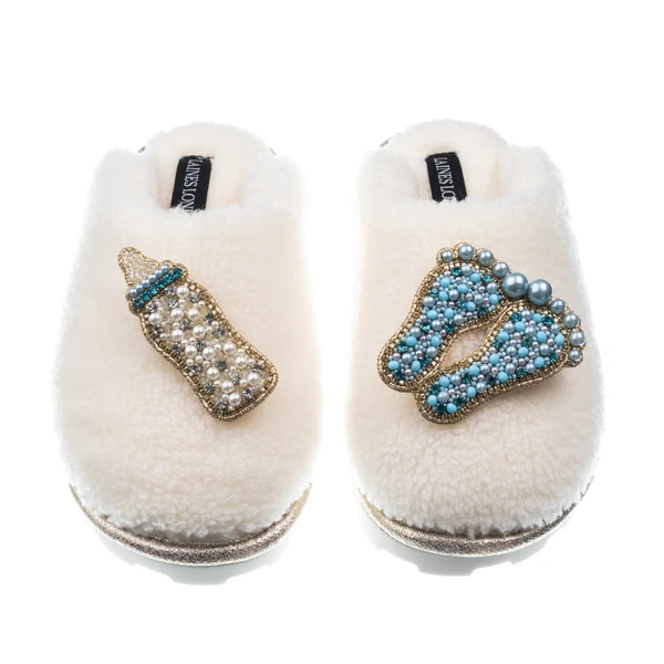 Laines London Teddy Closed Toe Slippers With Baby Boy Brooches