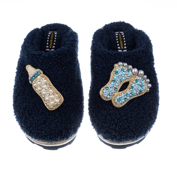 laines london Teddy Closed Toe Slippers With Baby Boy Brooches
