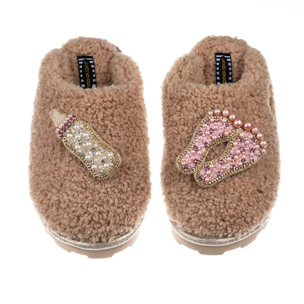 Laines London Teddy Closed Toe Slippers With Baby Girl Brooches