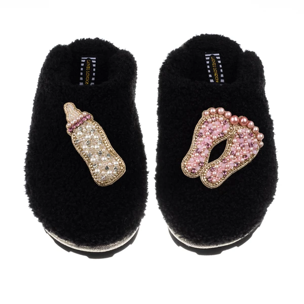Laines London Teddy Closed Toe Slippers With Baby Girl Brooches