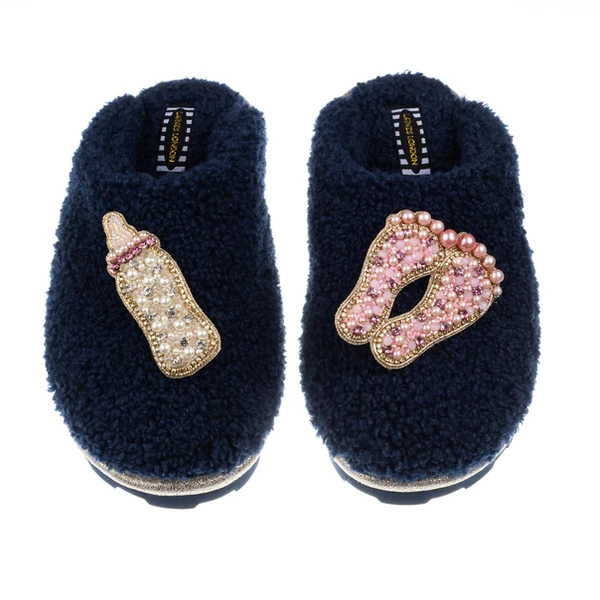Laines London Teddy Closed Toe Slippers With Baby Girl Brooches
