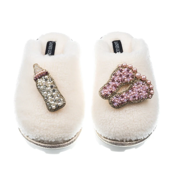 laines london Teddy Closed Toe Slippers With Baby Girl Brooches