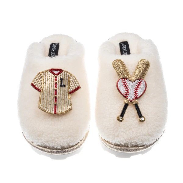 Laines London Teddy Closed Toe Slippers With Baseball Lover Brooches