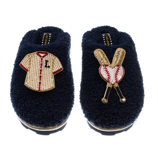 Laines London Teddy Closed Toe Slippers With Baseball Lover Brooches