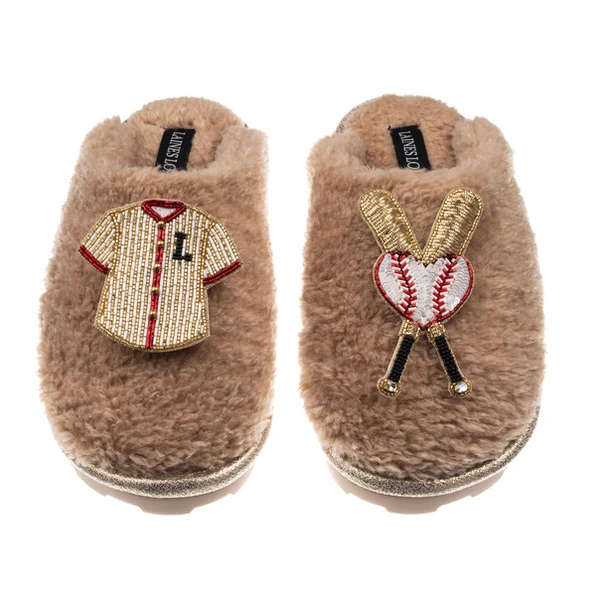 Laines London Teddy Closed Toe Slippers With Baseball Lover Brooches