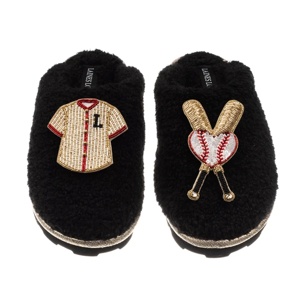 laines london Teddy Closed Toe Slippers With Baseball Lover Brooches