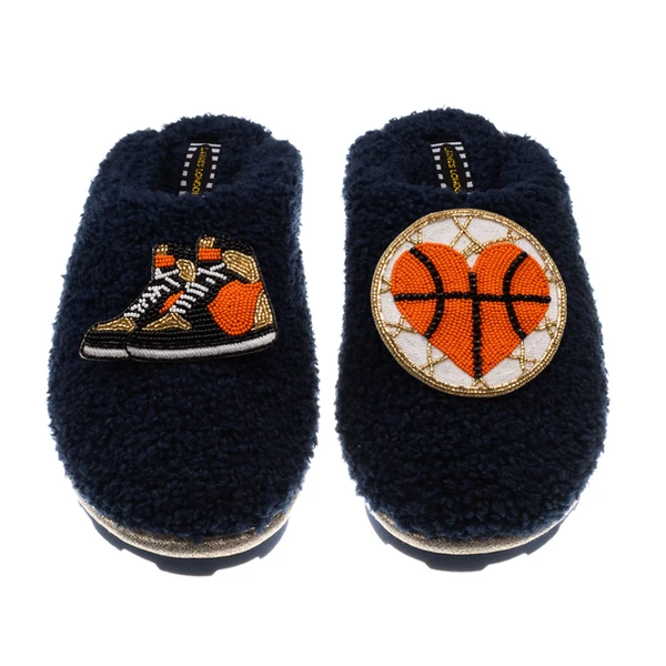 Laines London Teddy Closed Toe Slippers With Basketball Lover Brooches