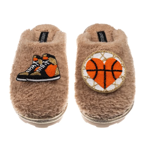 Laines London Teddy Closed Toe Slippers With Basketball Lover Brooches