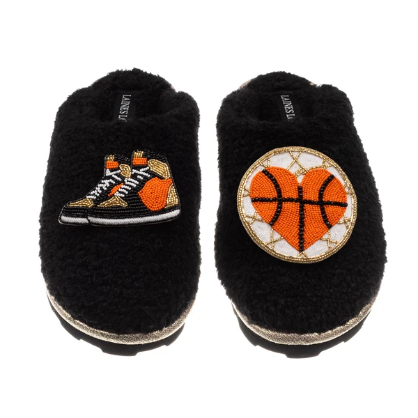 Laines London Teddy Closed Toe Slippers With Basketball Lover Brooches