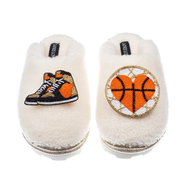 laines london Teddy Closed Toe Slippers With Basketball Lover Brooches
